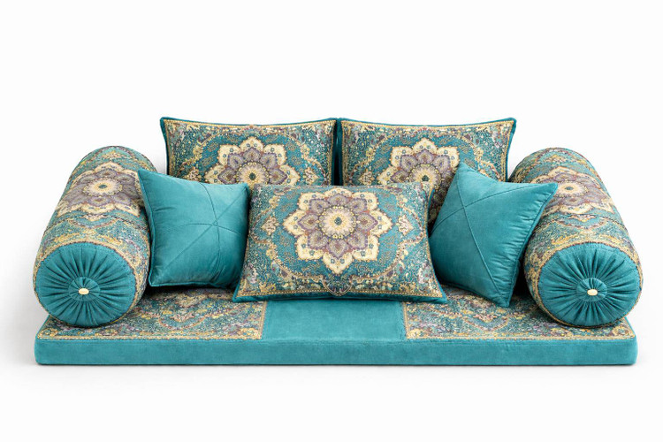 ست کامل شاه نشین سنتی لوکس با کوسنها و بالش های مخملی و طرح اصیل ایرانی رنگ آبی فیروزه ای