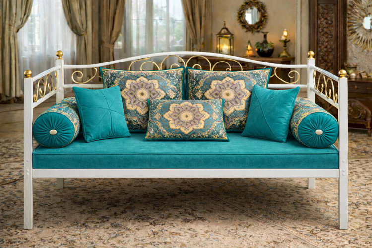 ست کامل شاه نشین سنتی لوکس با کوسنها و بالش های مخملی و طرح اصیل ایرانی رنگ آبی فیروزه ای