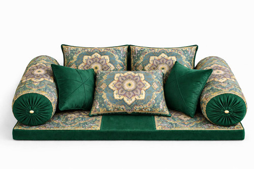 ست کامل شاه نشین سنتی لوکس با کوسنها و بالش های مخملی و طرح اصیل ایرانی رنگ سبز یشمی