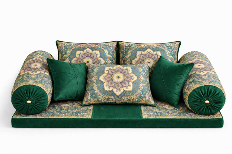 ست کامل شاه نشین سنتی لوکس با کوسنها و بالش های مخملی و طرح اصیل ایرانی رنگ سبز یشمی