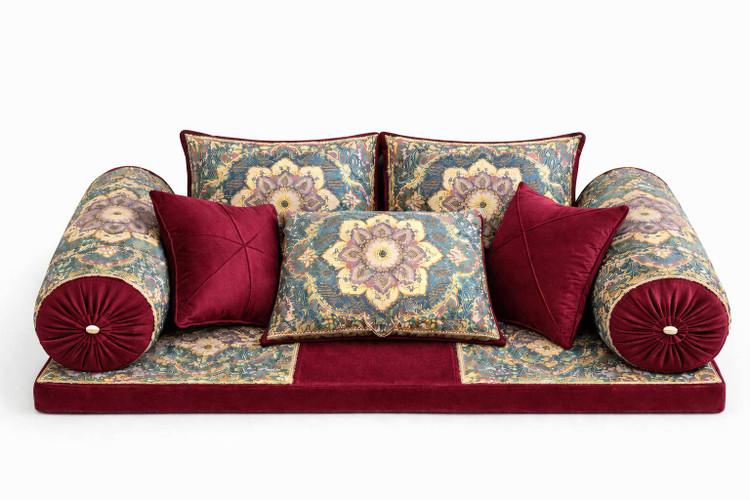 ست کامل شاه نشین سنتی لوکس با کوسنها و بالش های مخملی و طرح اصیل ایرانی رنگ زرشکی