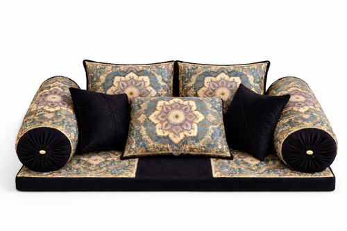 ست کامل شاه نشین سنتی لوکس با کوسنها و بالش های مخملی و طرح اصیل ایرانی رنگ مشکی