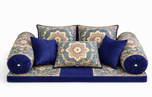 ست کامل شاه نشین سنتی لوکس با کوسنها و بالش های مخملی و طرح اصیل ایرانی رنگ سرمه ای